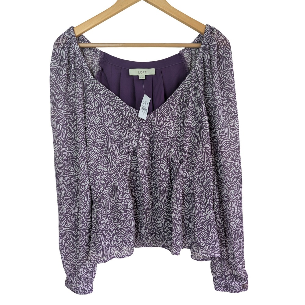 LOFT Floral V-Neck Peplum Blouse‎ Womens S Purple Sheer Long Sleeve NWT Feminine